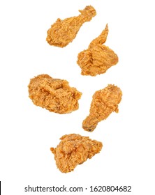 Falling of Fried chicken isolated on white background.