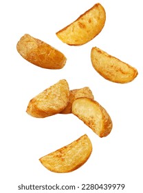 Falling fried Potato wedges, isolated on white background, clipping path, full depth of field