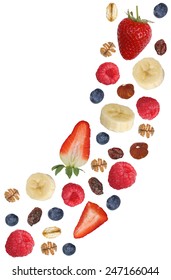 Falling Fruit Muesli For Breakfast With Fruits Like Raspberry, Blueberries, Banana And Strawberry