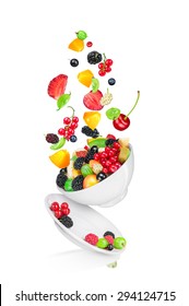  Falling Fruit Salad With The Ingredients In The Air Isolated On White Background