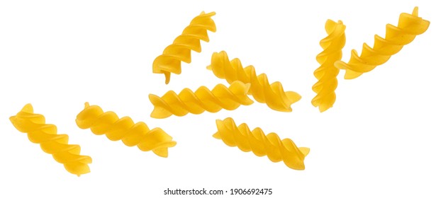 Falling fusilli pasta isolated on white background with clipping path