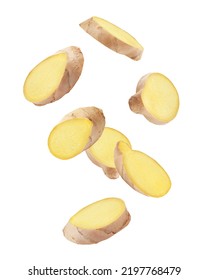 Falling Ginger slice isolated on white background, clipping path, full depth of field