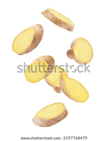 Falling Ginger slice isolated on white background, clipping path, full depth of field