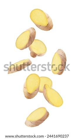Falling Ginger slice isolated on white background, clipping path, full depth of field