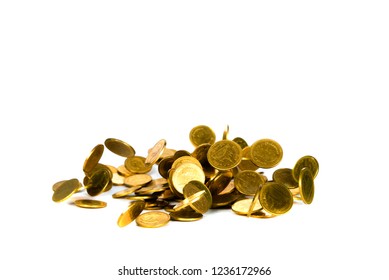 Falling Gold Coin, Flying Coin, Rain Money Isolated On White Background, Business And Financial Wealth And Take Profit Concept Idea.