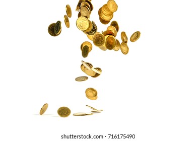 Falling gold coins money isolated on the white background, business wealth concept.
