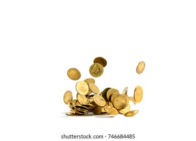 Falling Gold Coins Money Isolated On The White Background, Business Wealth Concept.