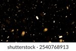 falling gold confetti overlay on dark black background, sparkling effect overlay for event designs, celebration or holiday atmosphere with glowing glitter, festive background for parties