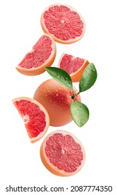 falling grapefruit slices isolated on a white background
