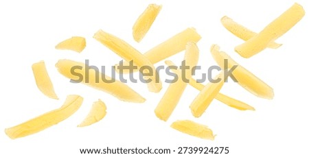 Falling grated cheese macro isolated on white background, full depth of field