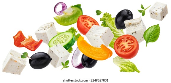 Falling greek salad isolated on white background - Shutterstock ID 2249627831