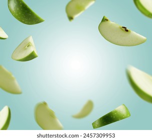 Falling green apple slices, isolated on white background. Apple product and juice banner design. Green fresh apple pieces floating in air. Fresh apple juice advertising and poster design. - Powered by Shutterstock