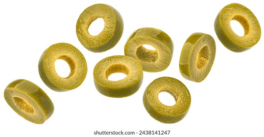 Falling green olive slices isolated on white background - Powered by Shutterstock