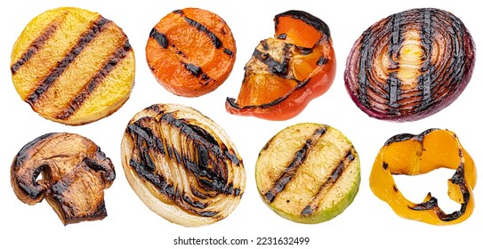 Falling grilled vegetable slices isolated on white background - Shutterstock ID 2231632499