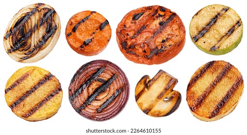 Falling grilled vegetable slices isolated on white background - Shutterstock ID 2264610155