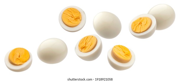 Falling hard boiled chicken eggs isolated on white background with clipping path - Powered by Shutterstock