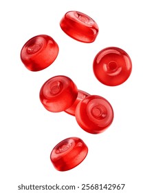 Falling Hard Candy, red fruit caramel, isolated on white background, clipping path, full depth of field