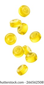 Falling Hard Candy, yellow fruit caramel, isolated on white background, clipping path, full depth of field