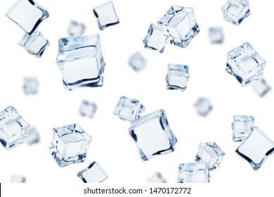 Falling Ice Cube, Isolated On White Background, Selective Focus