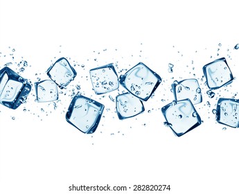 Falling ice cubes in water splashes isolated on white background