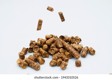 Falling Individual Pellets On A Slide Of Pellets On A Light Background. Wood Sawdust Pressed Into Pellets And Prepared According To A Certain Technology. Environmentally Friendly Fuel.