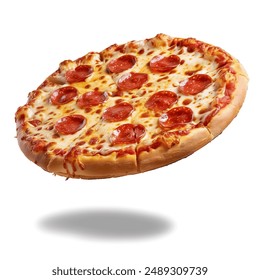 Falling Italian pepperoni pizza on white background.