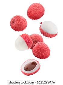 Falling lychee, clipping path, isolated on white background, full depth of field