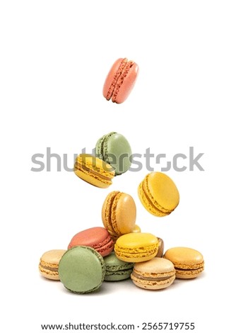 Falling Macaron Cake Isolated, Flying Macaroon Cookie, Almond Meringue, Sweet Macaroons, Colorful French Dessert on White Background