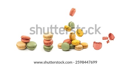 Falling Macaron Cake Isolated, Flying Macaroon Cookie, Almond Meringue, Sweet Macaroons, Colorful French Dessert on White Background