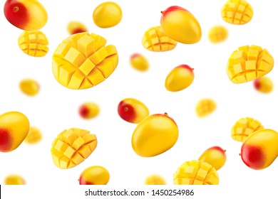 Falling Mango Isolated On White Background, Selective Focus