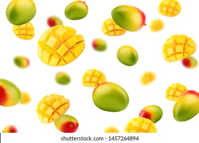 Falling Mango Isolated On White Background, Selective Focus