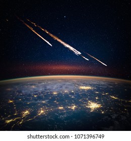 Falling Meteorite, Asteroid, Comet On Earth. Elements Of This Image Furnished By NASA.