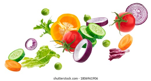 Falling mix of different vegetables, fresh salad ingredients isolated on white background - Powered by Shutterstock