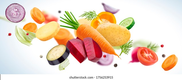 Falling mix of different vegetables, potatoes, cabbage, carrots, beets and onion with herbs and spices isolated on white background