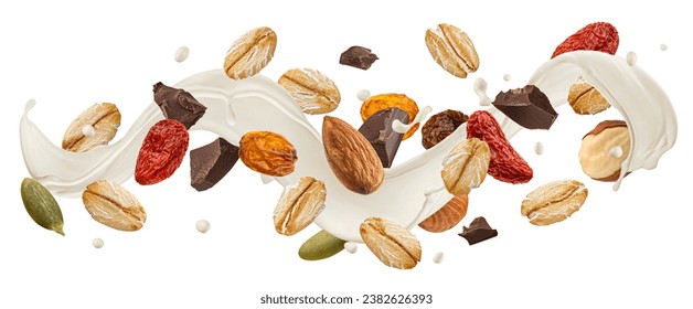 Falling muesli with milk splash isolated on white background - Powered by Shutterstock