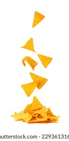 Falling Nachos Chips Isolated, Fly Nacho Snack, Mexican Triangle Corn Chips, Maize Snack, Corn Crisps or Totopos, Nachos on White Background