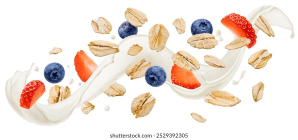 Falling oat flakes with blueberry and strawberry slices, oatmeal with milk splash isolated on white background, package design concept - Powered by Shutterstock