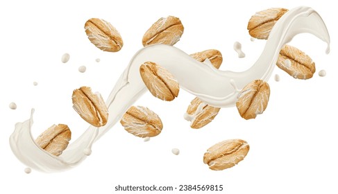 Falling oat flakes with milk splash isolated on white background
