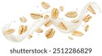 Falling oat flakes, oatmeal with milk splash isolated on white background, package design concept