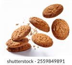 Falling oatmeal cookies with golden-brown crumbly texture, isolated on a white background, showcasing dynamic motion.