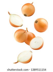 Falling onion, isolated on white background, clipping path, full depth of field
