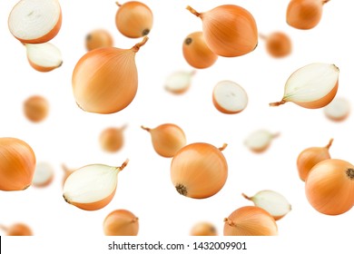 Falling onion, isolated on white background, selective focus