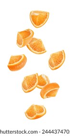 Falling orange slice isolated on white background, clipping path, full depth of field