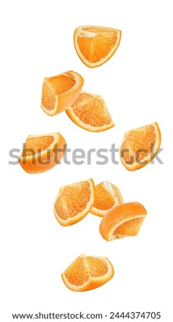 Falling orange slice isolated on white background, clipping path, full depth of field