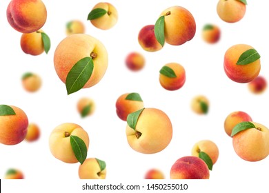 Falling Peach Isolated On White Background, Selective Focus