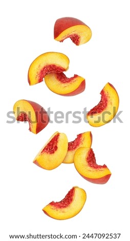 Falling Peach slice isolated on white background, clipping path, full depth of field