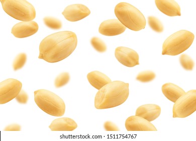 Falling peanut isolated on white background, selective focus