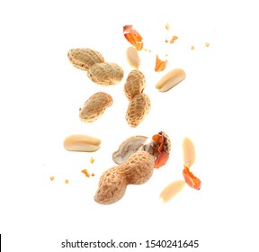 Falling peanuts on white background