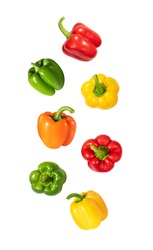 Falling Peppers Isolated On A White Background. Flying Colorful Bell Pepper Pattern. Design For Packaging. Vegetable Flight.
