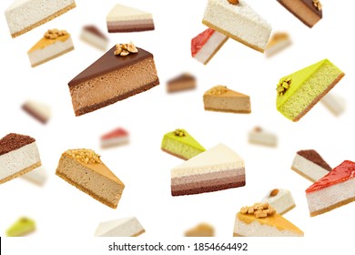 Falling Piece of cheesecake isolated on white background, selective focus